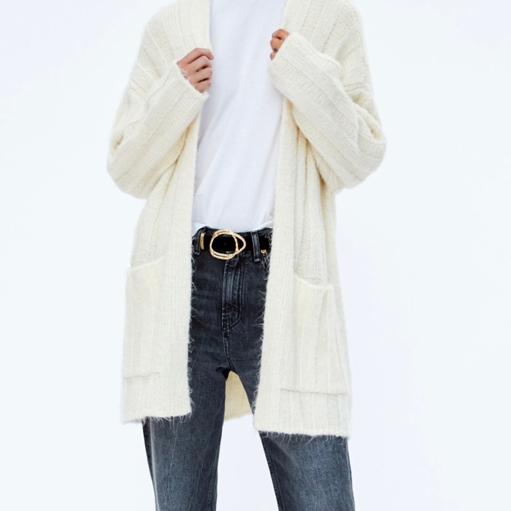 Zara White Ribbed Cardigan With Pockets - Picture 2 of 3